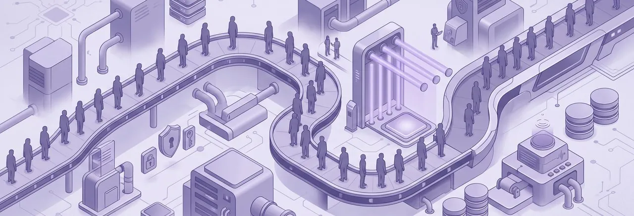 A stream of identical silhouettes moving along a winding track, the provisioning paths to test before Moodle 5.2 self-registration issues reach real users