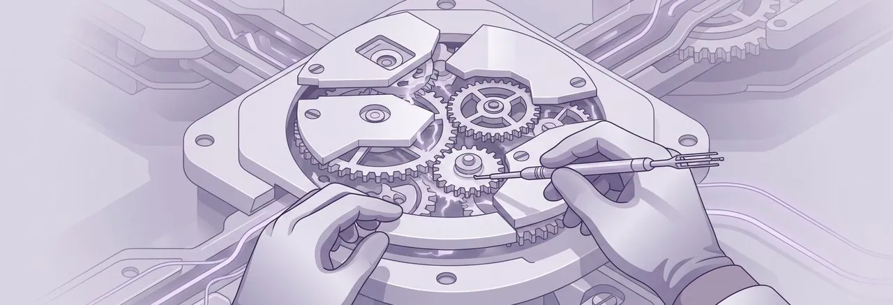 Gloved hands realign the gears of a clockwork mechanism, standing for the trust an endless Moodle file picker spin damages