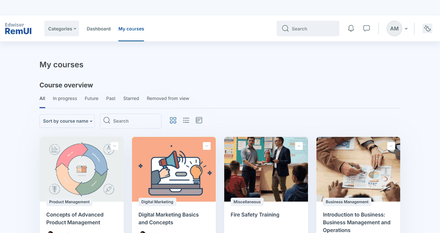 Student view of a course, video lesson and quiz result in the Edwiser RemUI Moodle theme for Moodle IOMAD