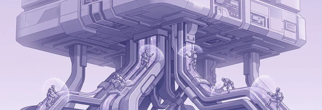 A sky platform held up by pillars and glowing data conduits, the support structure a Moodle 5.3 LTS upgrade needs in its first weeks