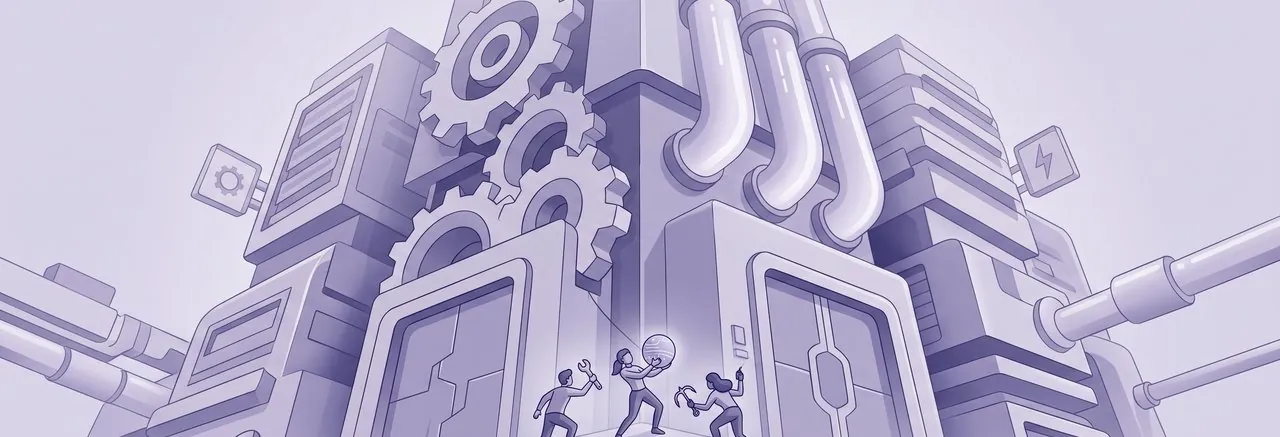 A small IT team at the base of a sprawling structure, carrying the operational load of Moodle and AI in private education