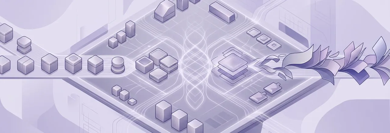 Product blocks routed across a circuit board into course pages, a scoped bridge that settles the Moodle PIM integration pros and cons for a training provider