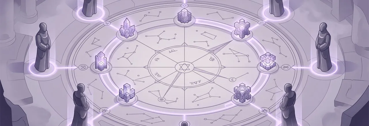 An ancient celestial navigation chamber with glowing pathways and crystalline formations illustrates complex Moodle plugins associations