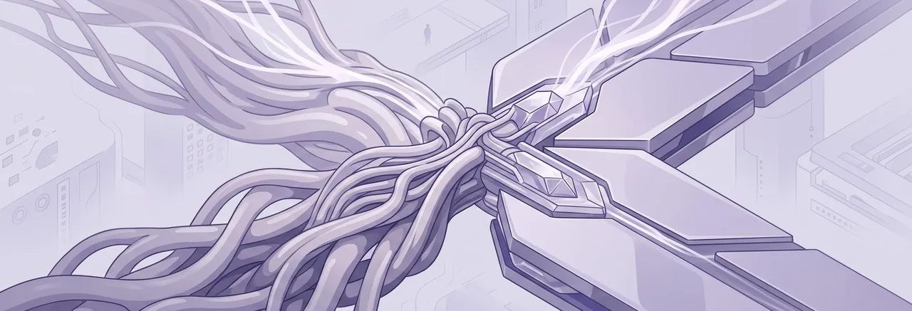 A dramatic low-angle close-up shows robust organic roots intricately interlocking with vast geometric plates, symbolizing leveraging Moodle and AI for edupreneurs