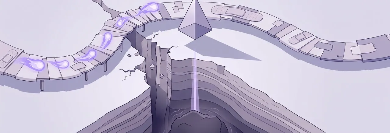 A rickety workaround path diverts around the chasm opened by an endless Moodle file picker spin while an administrator hovers above it