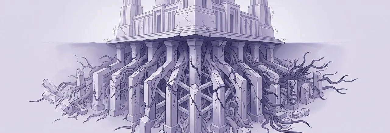 A grand monument subtly cracks above a vast, decaying subterranean network, illustrating the critical need for Moodle cron job management