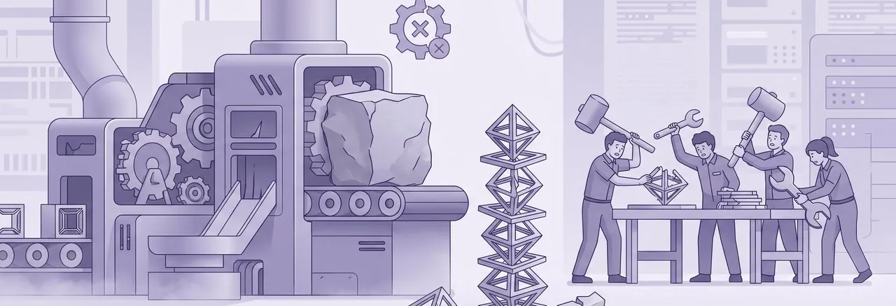 A jammed machine with flustered figures assembling accounts by hand, the manual workaround Moodle 5.2 self-registration issues push staff into