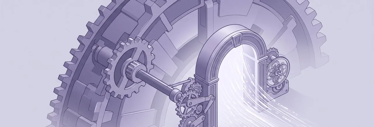 Calendar cogs driving an archway's gears, the association's own year deciding the timing of Moodle LTS upgrades