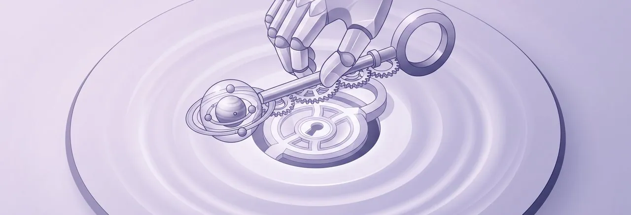 A crystalline hand inserts a master key with a celestial orrery into a glowing lock, the control that optimizing Moodle timezone settings gives an administrator
