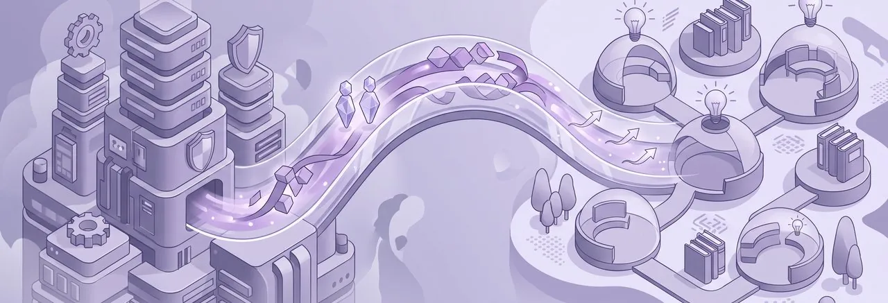 A vibrant illustration visualizes the imis Moodle bridge pros and cons, connecting a data citadel to a knowledge village via a glowing conduit