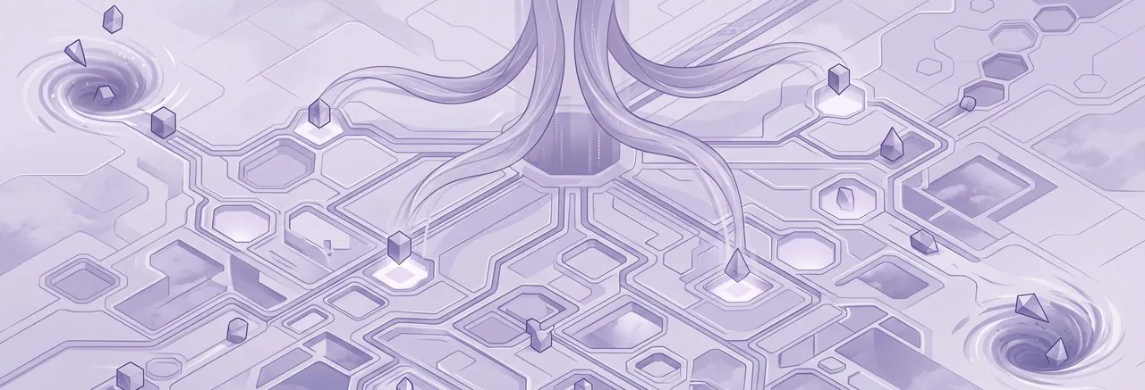 A glowing governance grid routing data prisms through control tendrils, representing Moodle user provisioning as governance policy