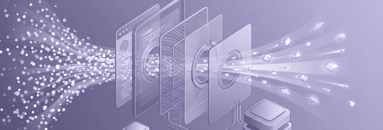 An AI filtering mechanism precisely separates valuable knowledge fragments from raw audience data, illustrating leveraging Moodle and AI for edupreneurs