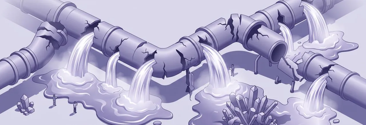 A damaged pipeline, representing inefficient Moodle cron job management, leaks brilliant energy into pools and crystalline formations