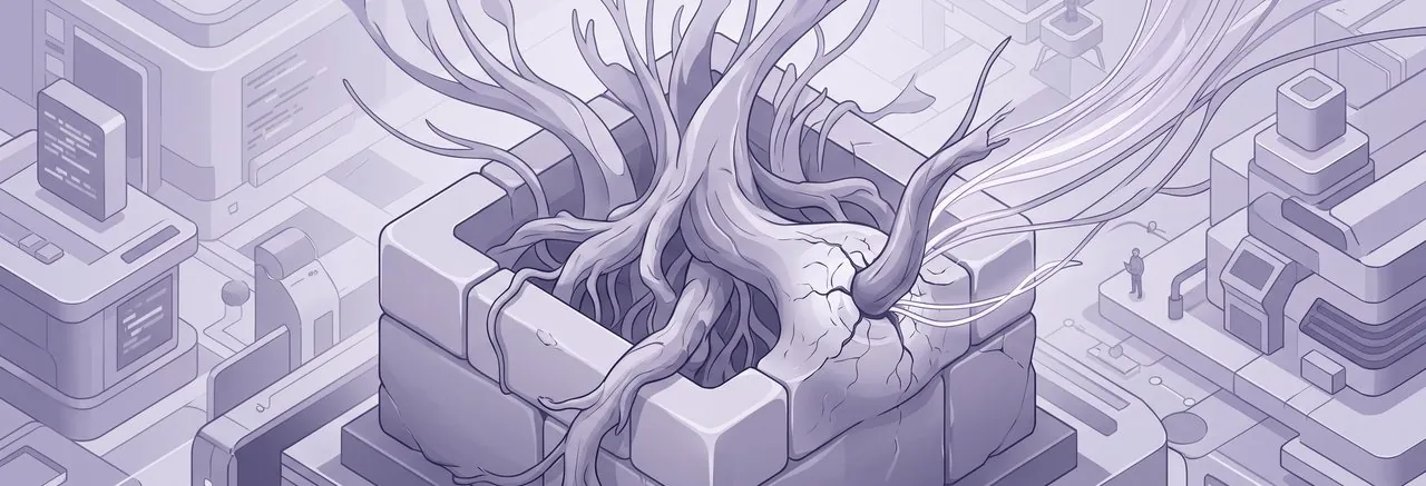 A massive stone container, symbolizing managing direct reports in Moodle, is distorted by powerful roots and luminous energy escaping from within