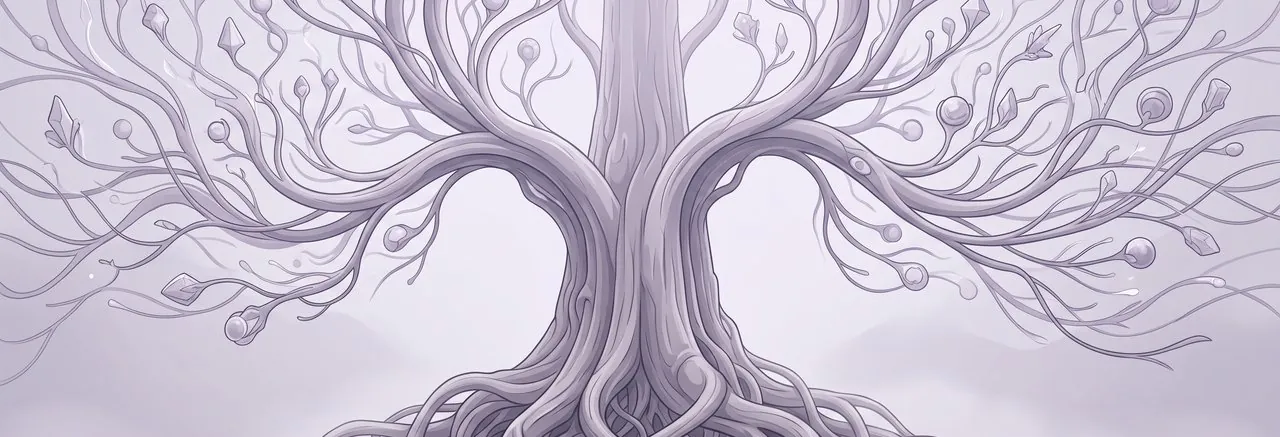 A deeply textured central pillar rises from a dense web of interwoven strands, the way one system of record holds every relationship behind managing direct reports in Moodle