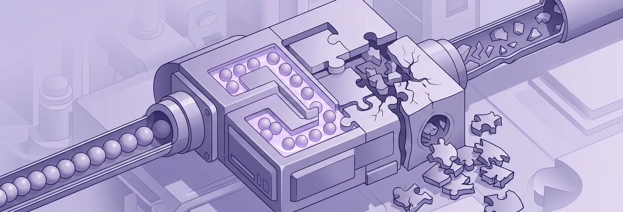 Product data passing through a machine that cracks into loose puzzle pieces, the stale-copy problem behind the Moodle PIM integration pros and cons for product training