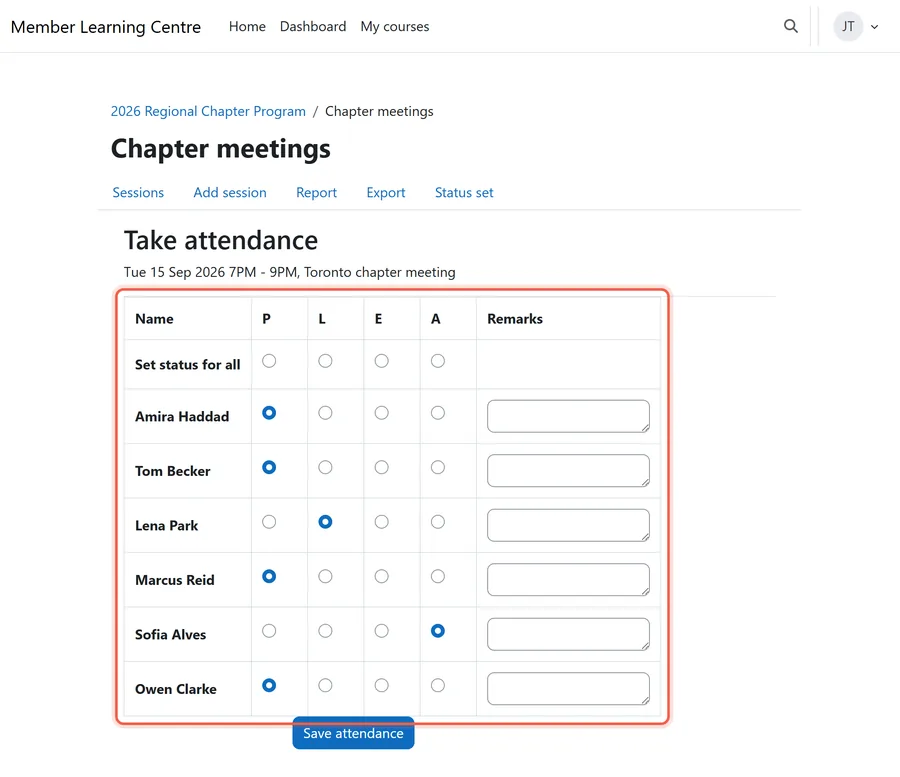 Illustrative rendering of attendance being taken at a chapter meeting, one of the Moodle plugins associations use to credit in-person sessions