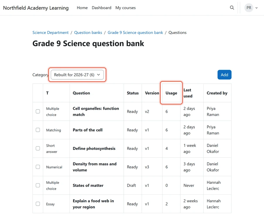 Illustrative Moodle question bank for a Grade 9 Science department, where teachers rebuild their questions when they migrate Blackbaud LMS to Moodle