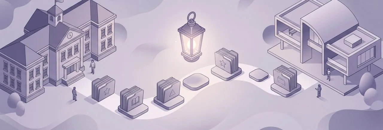 A lantern lighting stepping stones of department folders between two school buildings, how Mindfield helps a private school migrate Blackbaud LMS to Moodle