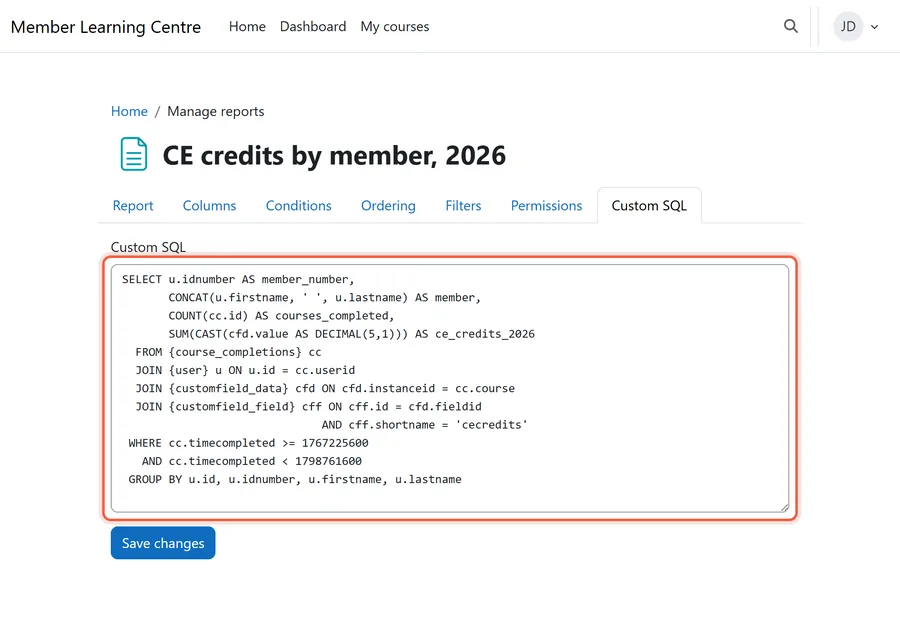 Illustrative rendering of a Configurable Reports CE credit report, one of the Moodle plugins associations use to hand an auditor its evidence