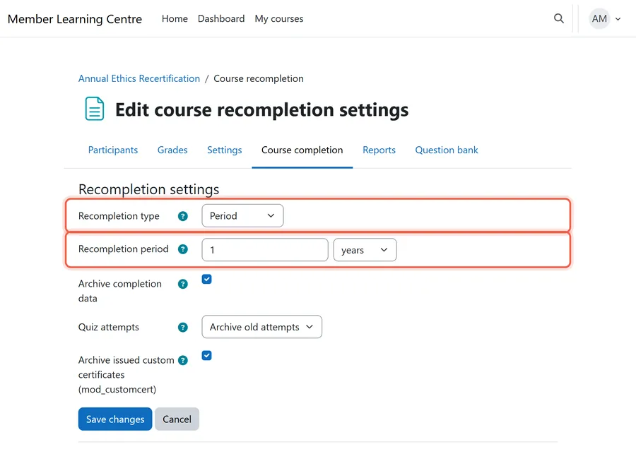 Illustrative rendering of Course recompletion set to a one-year period, among the Moodle plugins associations rely on for annual recertification