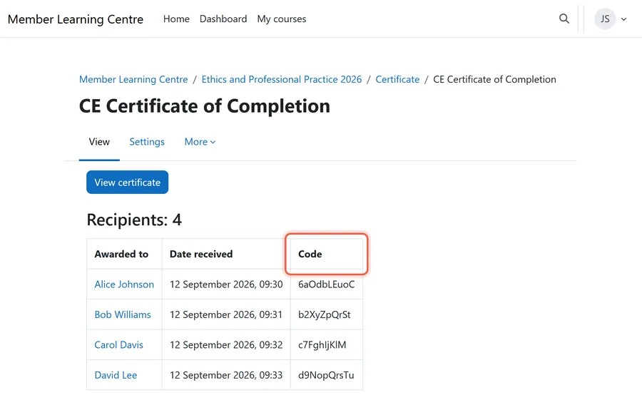 Illustrative rendering of Custom certificate issuing codes and then verifying one publicly, the feature that sets it apart among the Moodle plugins associations use for credentials