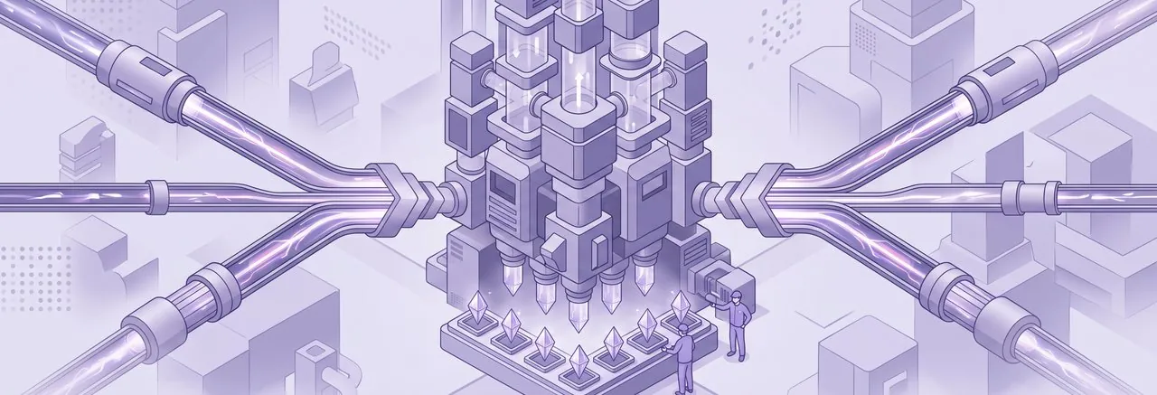 Pipelines feeding one central press that stamps out matching crystals, the single source of report card numbers a school sets up before it can migrate Blackbaud LMS to Moodle