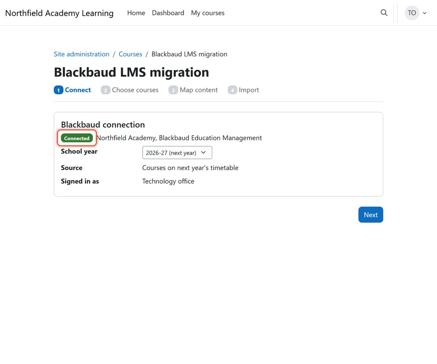 Concept rendering of a four-step wizard that connects to Blackbaud, picks next year's courses, maps the content and imports it, Mindfield's proposed way to migrate Blackbaud LMS to Moodle
