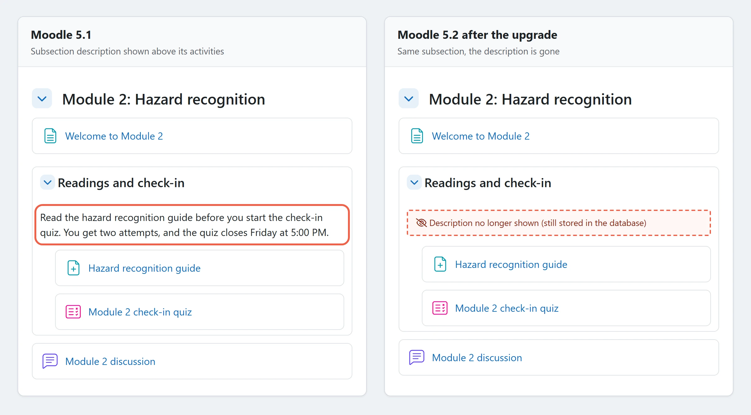 The same course section side by side: in Moodle 5.1 the subsection's instructions sit above its activities, and after the upgrade Moodle 5.2 subsection descriptions no longer appear
