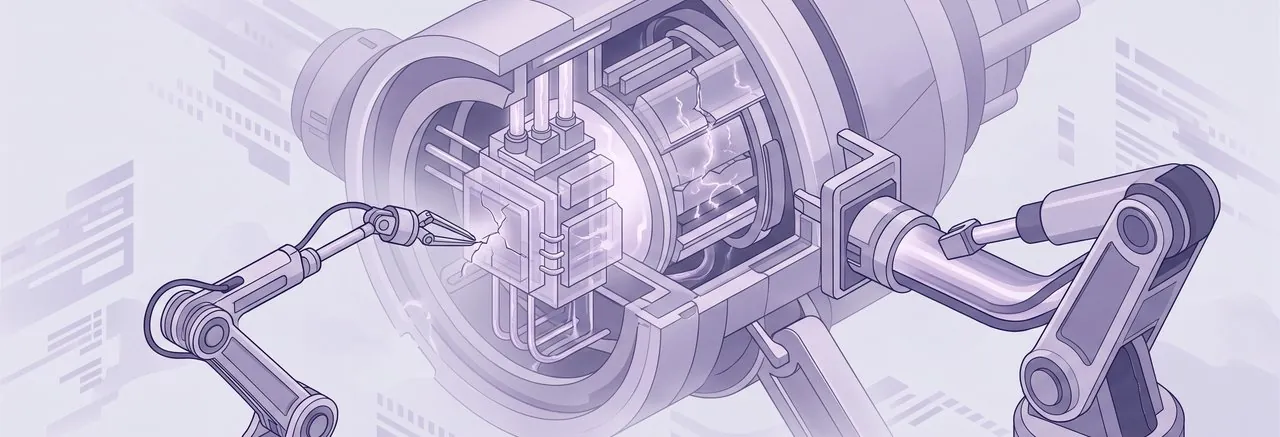 Two robotic arms work to protect Moodle from php2shell by repairing a digital engine's glowing conduits and logic gates