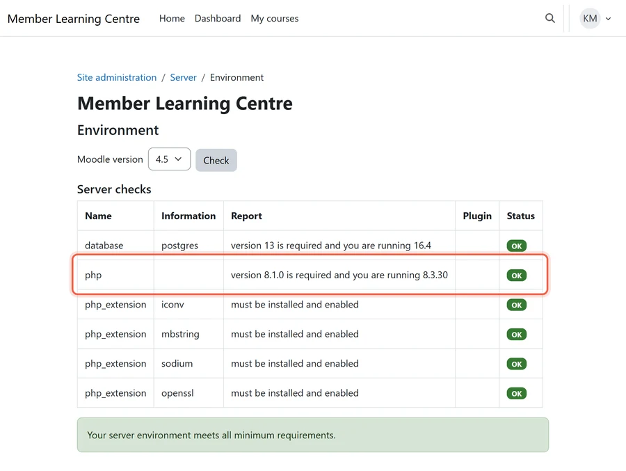 Illustrative rendering of the Moodle Environment page passing PHP 8.3.30 as OK, a reminder that this check alone will not protect Moodle from PHP2Shell