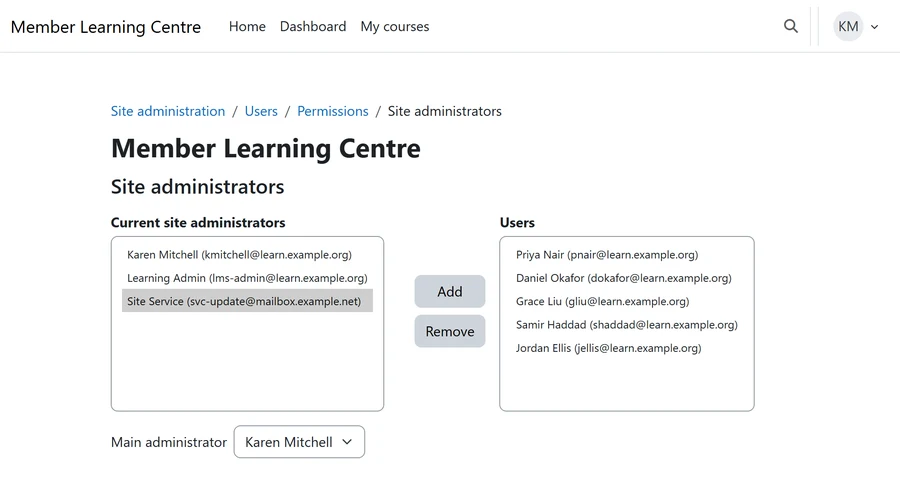 Illustrative rendering of the Moodle site administrators list with an account nobody recognises, one sign to check after you protect Moodle from PHP2Shell