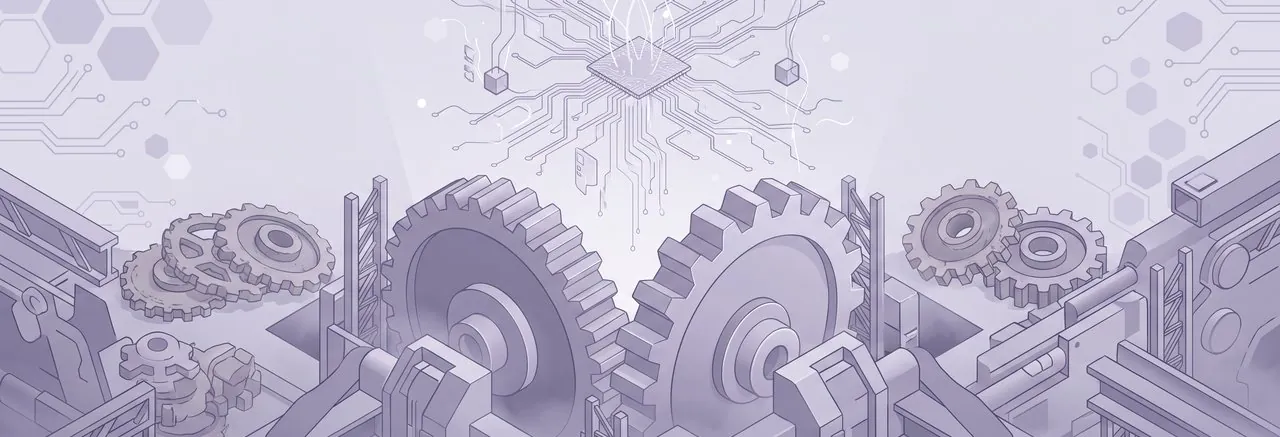 Colossal new gears are lowered into an industrial chamber, representing Moodle 5.3 LTS database requirements being upgraded