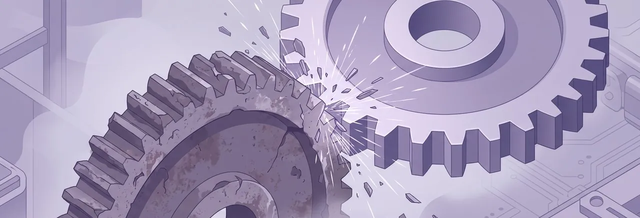 Two colossal, incompatible gears violently clash, their destructive struggle illustrating the challenge to protect Moodle from php2shell during a forced upgrade
