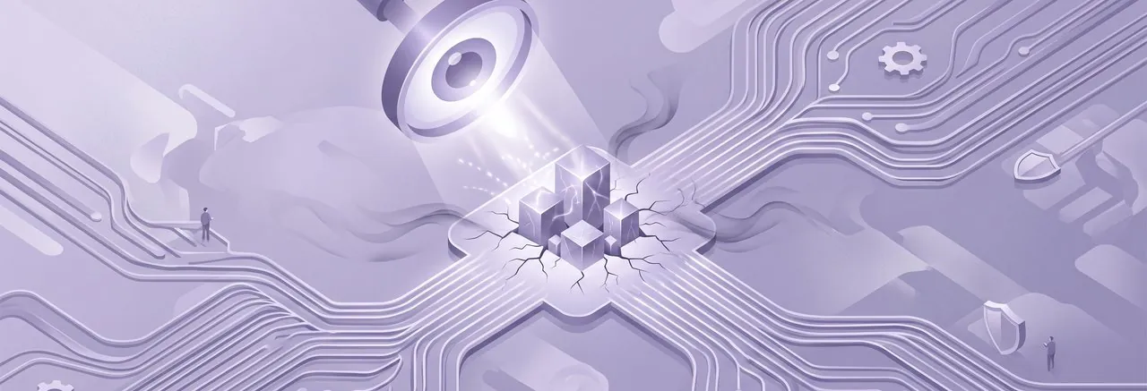 A diagnostic lens examines a fractured data cluster, symbolizing the need to protect Moodle from php2shell vulnerabilities