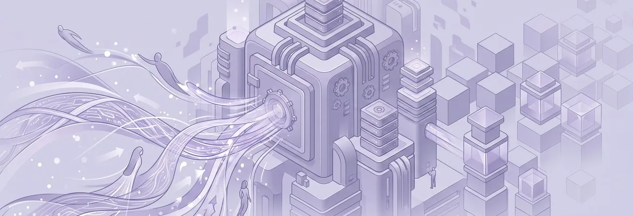 A digital landscape of data streams flowing into a central vault and an archive, the sorting a private school does before it can migrate Blackbaud LMS to Moodle